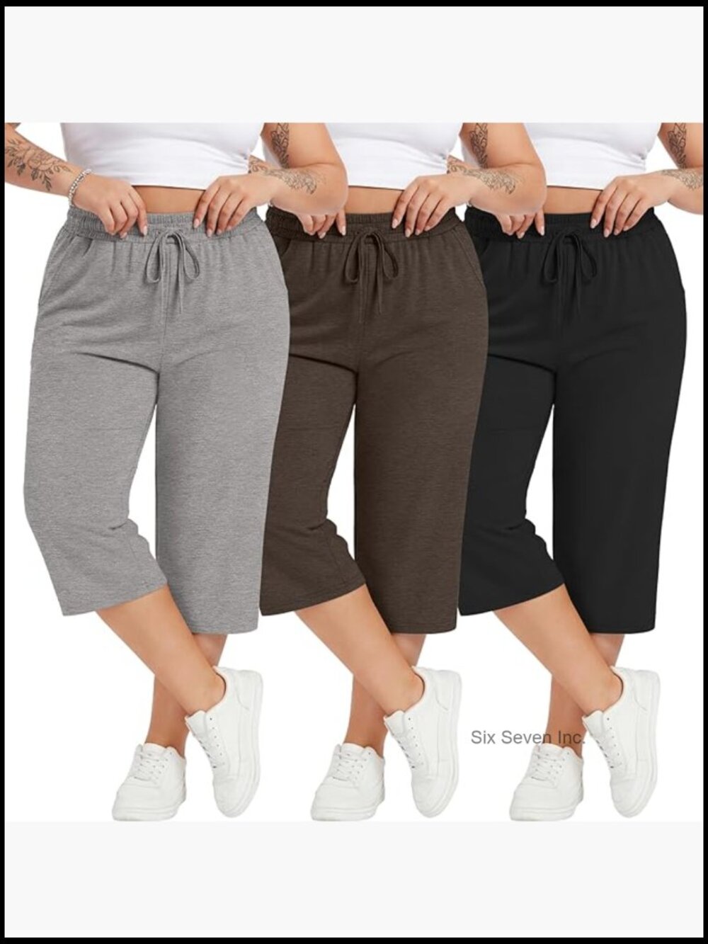 Plus Size Cotton Capris, Stretchy Wide Leg Cropped Pants with Pockets Lounge